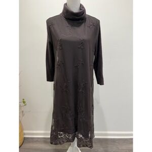Sundance Womens Dress Embroidered Sheer Overlay Turtleneck Brown L Midi‎ Rabbit